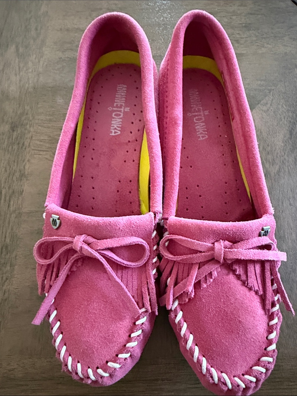Minnetonka Pink Suede Moccasins with Yellow Insole - Picture 2 of 8